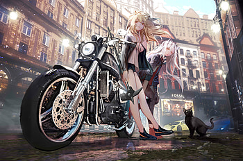 Asian Anime Girl With Bike Alongside Cat, anime-girl, anime, artist, artwork, digital-art, artstation HD wallpaper