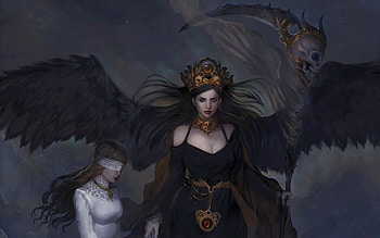 Reaper, wings, feahter, black, art, girl, angel, death, fantasy, luminos, blind, caterina kalymniou HD wallpaper