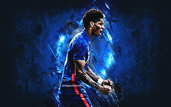 Marcus Rashford, Manchester United FC, English footballer, portrait, blue stone background, Premier League, soccer HD wallpaper