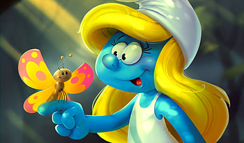 Smurfette, blue, white, girl, butterfly, fantasy, smurf, yellow, child HD wallpaper