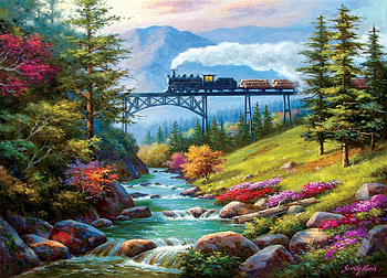 On the Way to the Mill - Sung Kim, artwork, river, trees, bridge, sky, train, rocks, stones, painting HD wallpaper