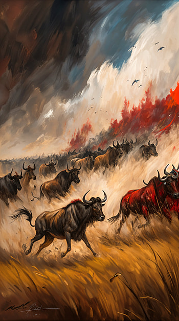 Stampede: Wild Energy , Wildlife, fire, painting HD phone wallpaper