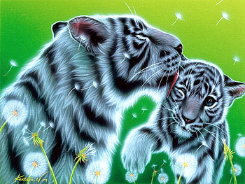Mother's Love, artwork, Tigers, white, cub, painting HD wallpaper