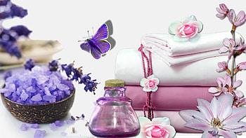 Womans Pleasures, perfume bottle butterfly, bath crystals, lavender, firefox persona, sheets, flowers HD wallpaper