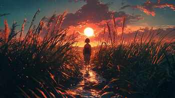 Peaceful Evening Stroll, sunset, sky, field, artist, artwork, art, digital-art, ai, deviantart HD wallpaper