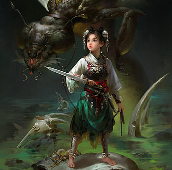 Demon summoner, demon, april liu, frumusete, fantasy, art, cute, girl, dark HD wallpaper