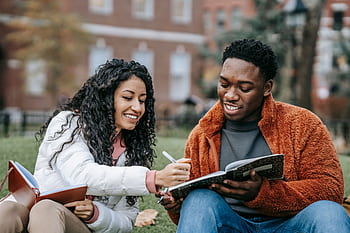 Happy college students studying together on a campus lawn, sharing ideas and writing notes. HD wallpaper