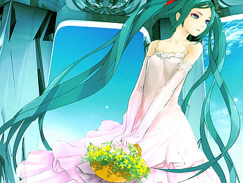 Hatsune Miku, girl, vocaloid, long hair, twin tails, white dress, anime, flowers, windy HD wallpaper