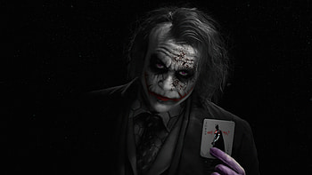 Joker Heath Ledger With Card , joker, supervillain, superheroes, artist, artwork, digital-art, monochrome, black-and-white HD wallpaper