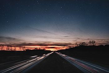 Roads, night, lights, starry sky HD wallpaper
