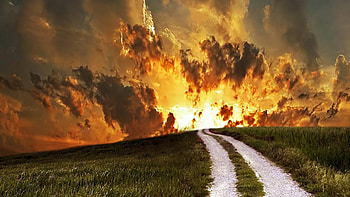 awesome sky, clouds, sky, road, grass, fire HD wallpaper