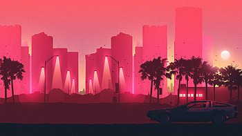 Crimson Skyline, artist, digital-art, trees, sun, buildings, minimalism HD wallpaper