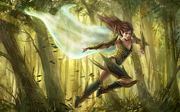 Fantasy girl, fantasy, green, redhead, girl, elf, forest, woman HD wallpaper