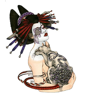 Geisha with Tattooed Cat, artwork, abstract, fantasy, tattoo, geisha, cat, feline, oriental HD wallpaper