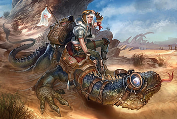 Fantasy, Desert, Girl, Lizard, Flag, Rider, Riding HD wallpaper