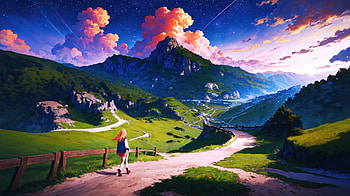 Mountain Anime Girl Hiking Journey Through Alpine Valley, mountains, mountain, clouds, sky, star, road, anime-girl, field, grass, artist, artwork, art, digital-art, pixiv HD wallpaper