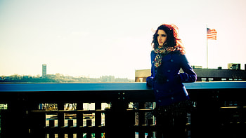 Susan Coffey, outdoors, red, beautiful, models, balcony, people, hair HD wallpaper