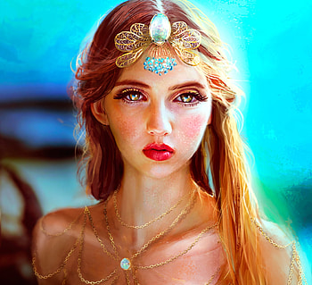 Gloomy eyes, jewel, fantasy, art, face, abeer malik, redhead, girl, luminos HD wallpaper