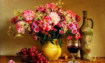 Still life, bouquet, vase, beautiful, fruits, pretty, glass, grape, flowers, lovely, harmony, wine HD wallpaper