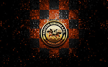 Eastern Suburbs FC, glitter logo, New Zealand Football Championship, orange black checkered background, soccer, New Zealand football club, Eastern Suburbs logo, mosaic art, football, Eastern Suburbs HD wallpaper