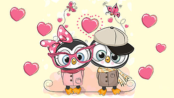 Cute Penguin Valentines, cartoon, cute, girl, Firefox Persona theme, owls, butterflies, penguins, Valentines Day, boy, February, hearts HD wallpaper