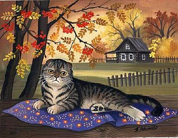By Tatyana Rodionova * Autumn cat, animal, kitten, painting, art, autumn, cat, tatyana rodionova, cottage HD wallpaper