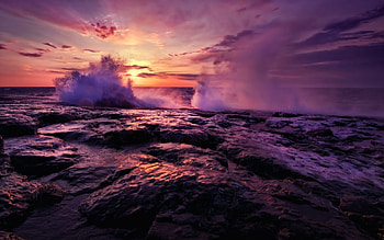 Setting sun, people, ocean, sunset, beach HD wallpaper