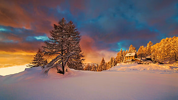 Italian Alps, Piedmont, winter, snow, house, clouds, landscape, trees, sky, sunset HD wallpaper