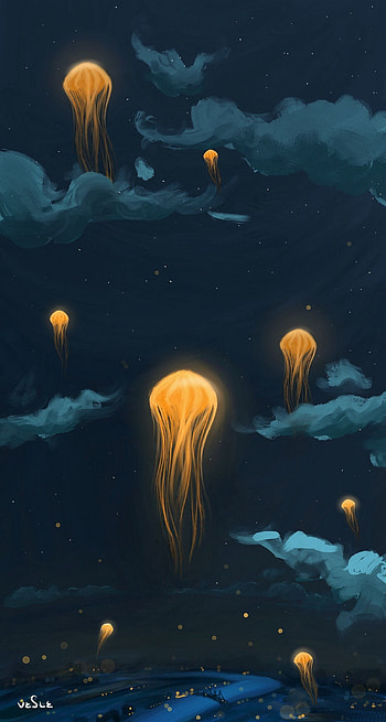 Sky, Art, Night, Jellyfish, Fantastic, Flashlights HD phone wallpaper