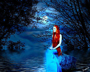 Woman in the lake, night, moon, fantasy, lake, woman HD wallpaper
