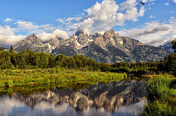 Grand Tetons National Park, Wyoming, blue, river, grand, grass, land, wyoming, mountain, park, tetons, reflection, clouds, national, nature, sky, water, forest HD wallpaper