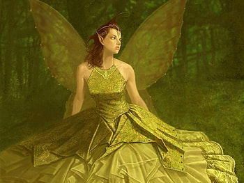 Fairy, wings, fantasy, art, green, girl, forest, woman HD wallpaper