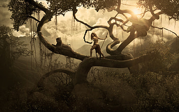 Jungle, fantasy, panther, girl, luminos HD wallpaper