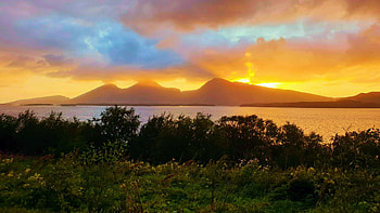 Midnight sun behind Doenna, Norway, hills, clouds, colors, trees, sky, lake HD wallpaper