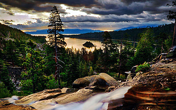 Standing At Eagle Falls over Emerald Bay, Lake Tahoe, river, california, trees, clouds, sky, cascade, usa HD wallpaper