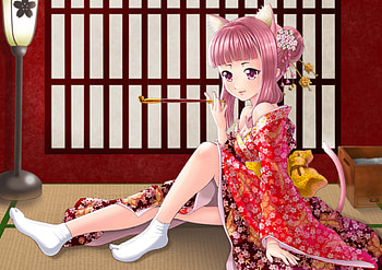 Neko Kimono, nekomimi, kimono, yukata, cute, oriental, sit, beauty, nice, sitting, female, japanese, sweet, pipe, neko mimi, japan, girl, beautiful, pink hair, kawaii, anime girl, neko, anime, pretty, lovely HD wallpaper