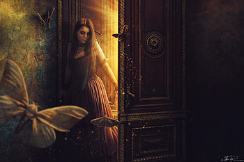 The open door, door, fantasy, art, yellow, girl, jonathan mcferran, dark HD wallpaper