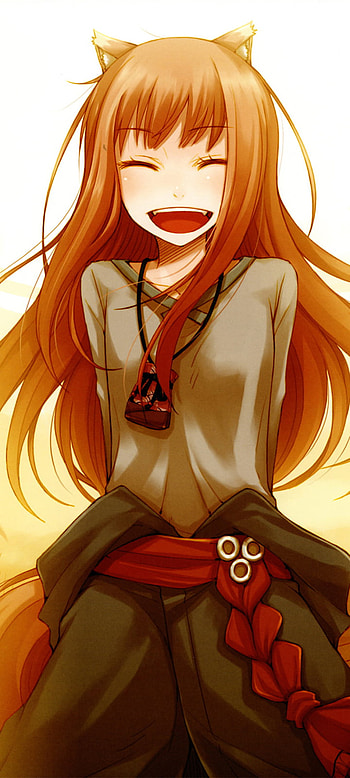 Smiling Holo - Brown-Haired Wolf Girl , animal ears, brown hair, long hair, smile, Anime HD phone wallpaper