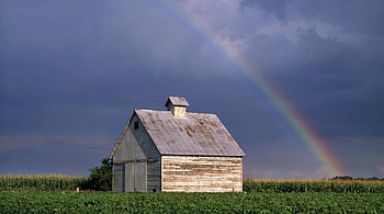 rainbow over barn in a corn field in illinois, clouds, barn, rainbow, corn field HD wallpaper