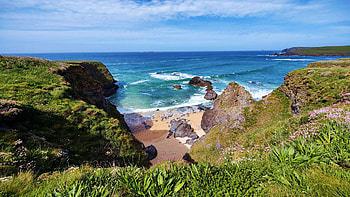 Cove near Trevone, Cornwall, rocks, england, sea, plants, clouds, sky, grass HD wallpaper