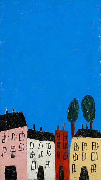 Endless Blue Over Cozy Houses — , Tree, Painting HD phone wallpaper
