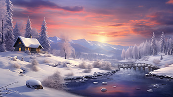Winter Wonderland Cabin Sunset - Snowy Scenery, snow, cabin, nature, winter HD wallpaper