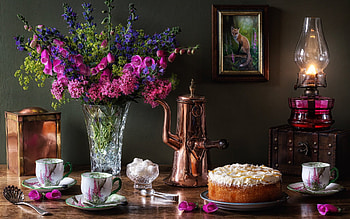 Still Life with Cake, cups, still life, , lamp, flowers, cake, teapot HD wallpaper