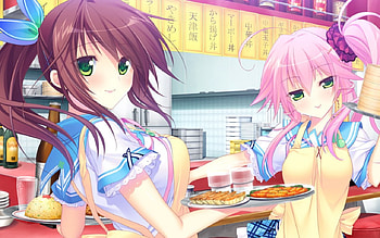 Waitress, cute, long hair, beauty, nice, apron, female, animegirl, sexy, sweet, hot, girl, beautiful, pink hair, food, tray, anime, pretty, lovely HD wallpaper