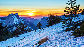 Yosemite National Park Winter Sunset, california, snow, clouds, landscape, trees, sky, mountains, usa, colors HD wallpaper