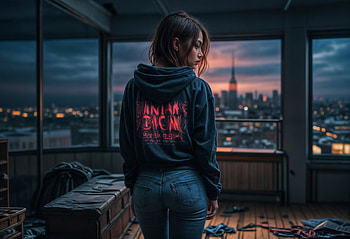 Women in an apartment, city view, woman, hoodie, apartment, dark HD wallpaper