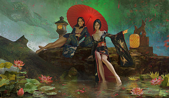 Two beauties, kimono, frumusete, art, parasol, girl, lake, dark, fantasy, green, red, chunyu tian, couple, lantern, water, lotus HD wallpaper