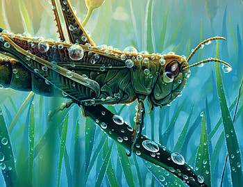 Grasshopper, blue, water drops, summer, fantasy, green, marta sokolovska, vara, insect, blye HD wallpaper