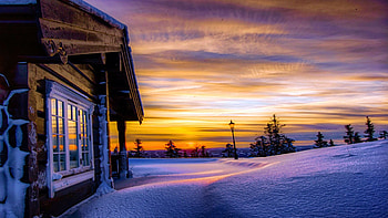 Norwegian Winter Evening, sky, cabin, snow, landscape, colors, clouds HD wallpaper