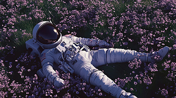 Astronaut lying down in flower field, astronaut, flower, field HD wallpaper